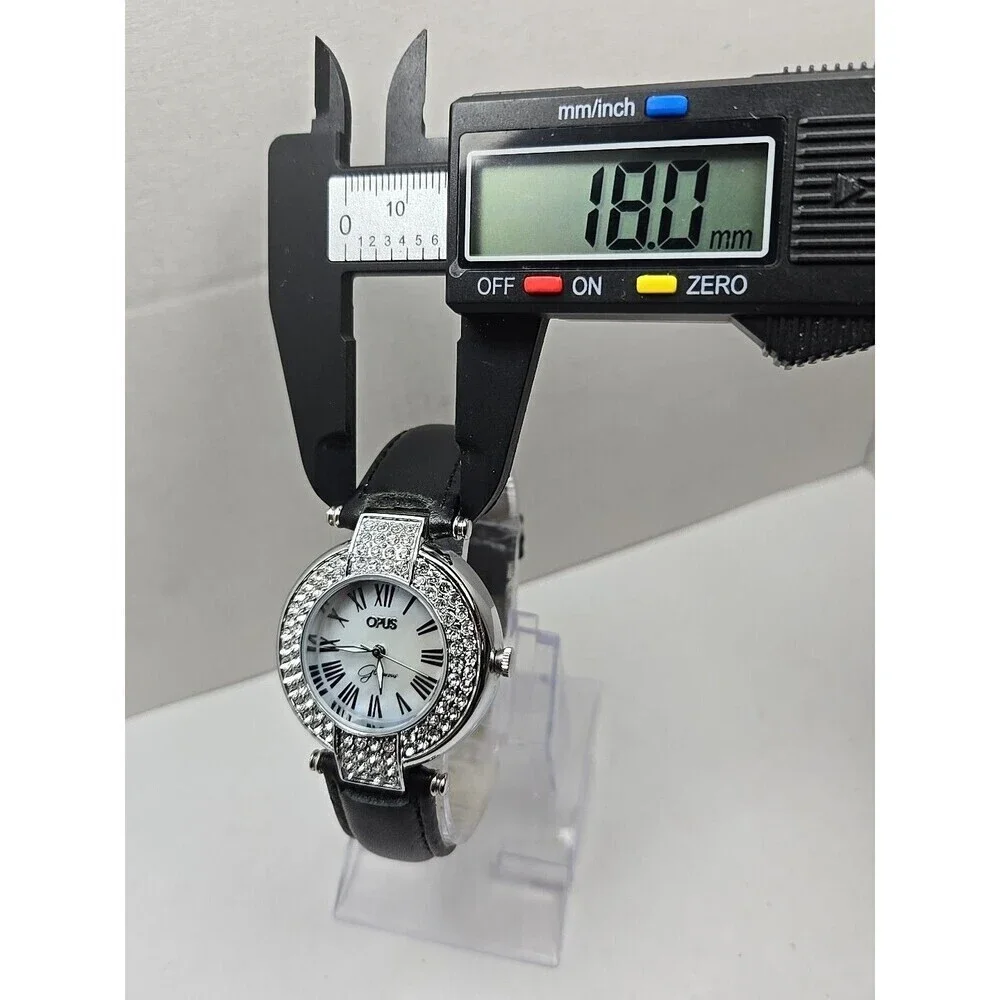 Opus Glamorous Womens Watch MOP 36mm Pave Crystal Black Leather New Battery